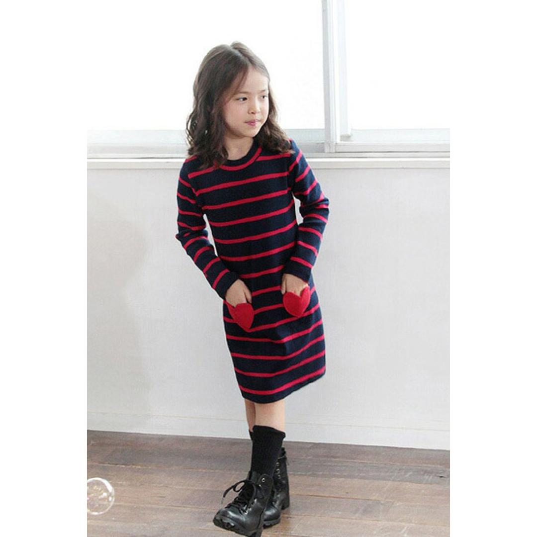 Rora キッズ ワンピース 女の子 長袖 通販 キッズワンピース 10001714 長袖ワンピース 冬 秋冬 ボーダー ハート ポケット付き しましま 綿 コットン ナチュラル おしゃれ 可愛い オシャレ かわいい カジュアル 子ども服 子供服 キッズファッション RED×NAVY 120cm