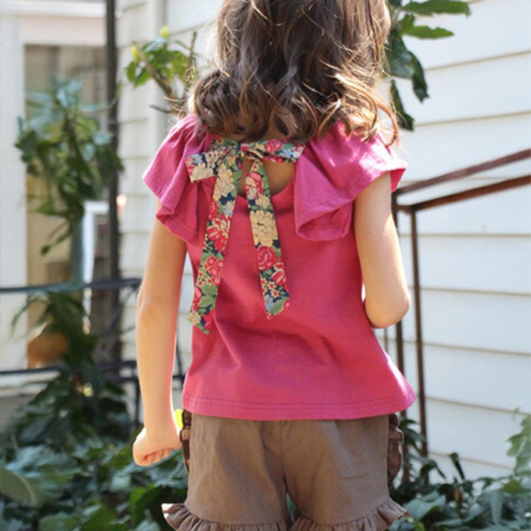 Rora キッズ Tシャツ 半袖 女の子 通販 ローラ カットソー 半袖Tシャツ 夏服 半袖トップス トップス バックリボン 袖フリル 可愛い おしゃれ かわいい オシャレ こども 女子 通園 通学 子供服 こども服 子ども服 キッズファッション ヴィンテージプラム 140cm