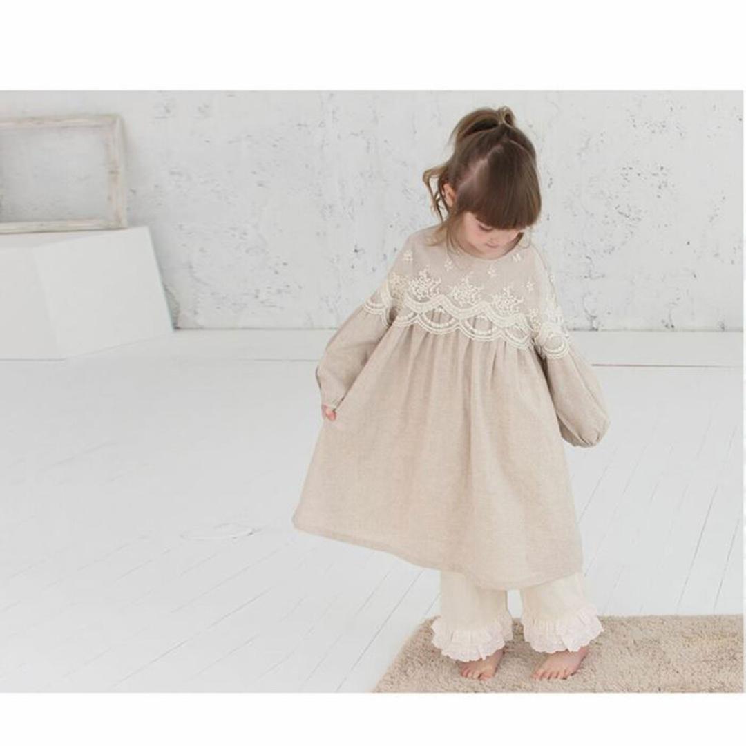 Rora キッズ パジャマ 女の子 ジュニア 通販 ワンピース 10006252 パジャマドレス ナイトドレス ルームワンピース 長袖 レース フリル おしゃれ 可愛い オシャレ かわいい ワンピ ルームウェア ナイトウェア 子ども服 子供服 キッズファッション BEIGE L