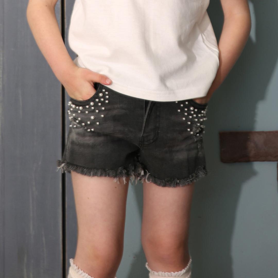 Rora ショートパンツ 通販 ローラ エステラ ハーフパンツ 短パン デニムパンツ デニム キッズ 子供 こども 子ども 女の子 女子 パール レース おしゃれ かわいい オシャレ 可愛い カジュアル ボトムス 子ども服 子供服 キッズファッション チャコールグレー 110cm