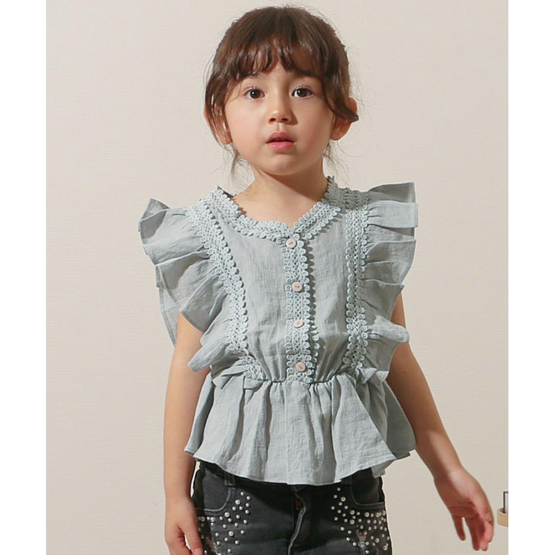 Rora ブラウス 襟なし 通販 ローラ レナ カットソー キッズ 子供 女の子 女子 こども 子ども きれいめ フレンチスリーブ フリル レース ボタン おしゃれ かわいい オシャレ 可愛い カジュアル トップス 子ども服 子供服 キッズファッション グレー 110cm