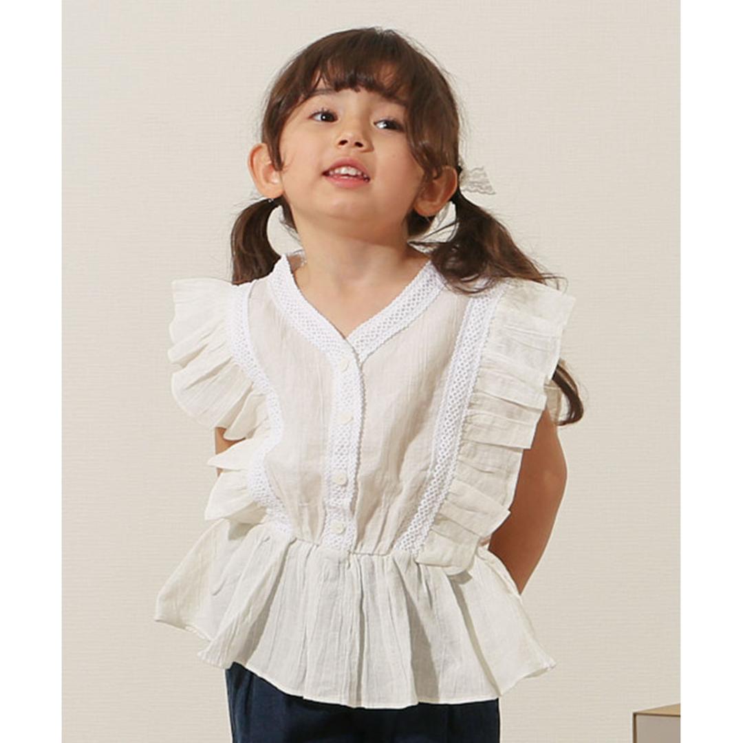 Rora ブラウス 襟なし 通販 ローラ レナ カットソー キッズ 子供 女の子 女子 こども 子ども きれいめ フレンチスリーブ フリル レース ボタン おしゃれ かわいい オシャレ 可愛い カジュアル トップス 子ども服 子供服 キッズファッション アイボリー 110cm