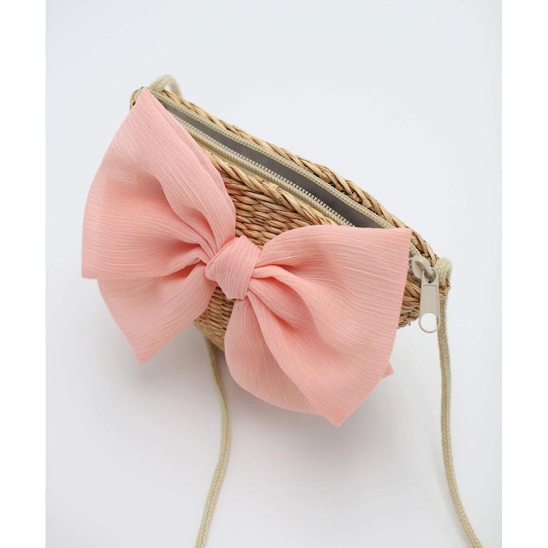 キッズ かわいい ポシェット 通販 かごバッグ ショルダーバッグ ショルダーバック 斜めがけバッグ 女の子 子供 こども 子ども リボン 小さめ おしゃれ 可愛い オシャレ 春 夏 秋 ナチュラル レトロ おでかけ 旅行 キッズバッグ キッズファッション コーラルピンク FREE