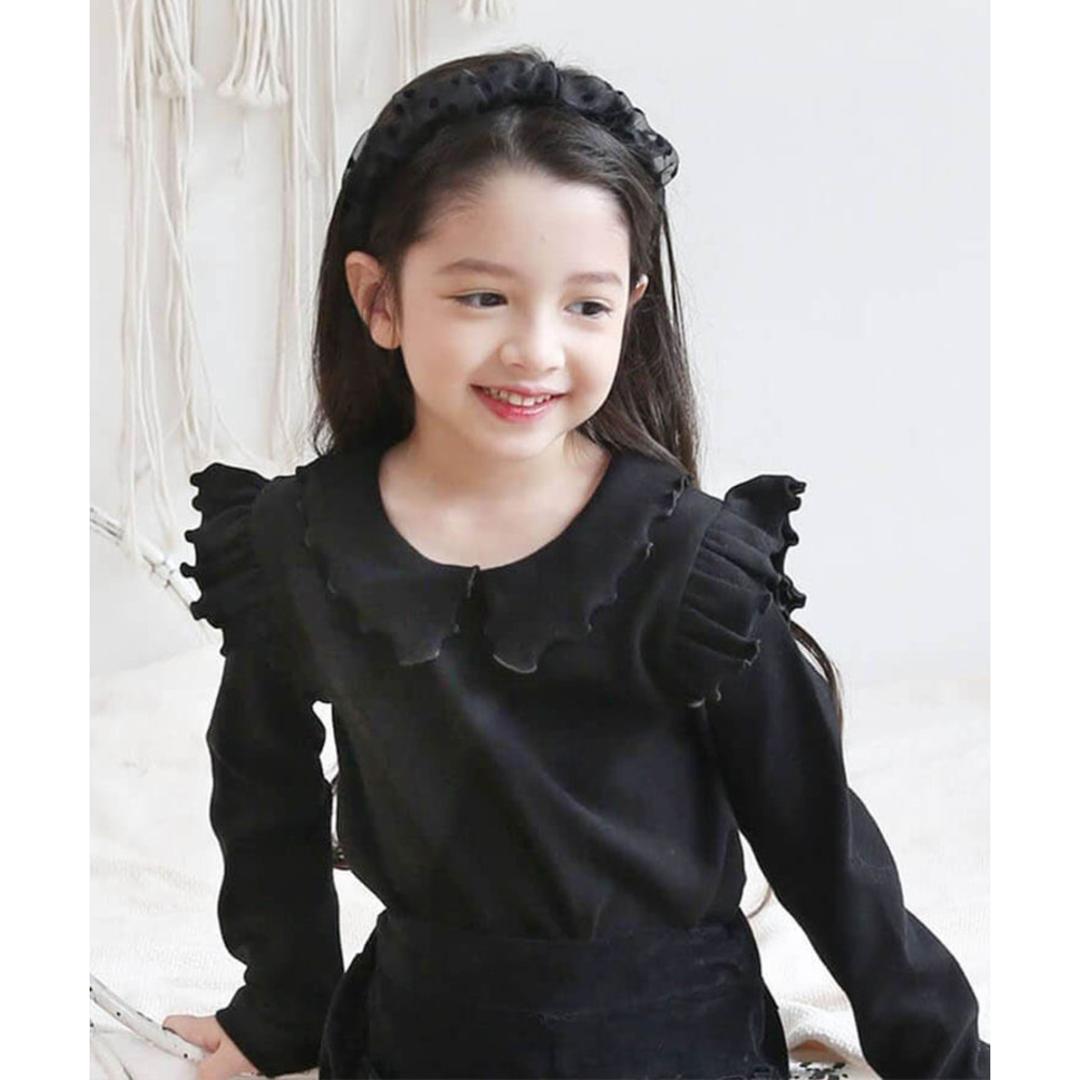 襟付き カットソー 長袖 キッズ 通販 トップス Tシャツ 女の子 襟あり フリル 子供 こども 子ども フォーマル きれいめ おしゃれ かわいい 可愛い 春秋 秋冬 カジュアル ナチュラル 春 秋 冬 子供服 子ども服 こども服 キッズファッション ブラック 140cm