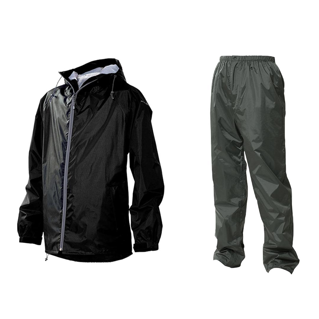 レインウェア メンズ 上下 通販 通勤 通学 自転車 雨合羽 カッパ シンプル ブラック 黒 レインウエア ゴルフ バイク 釣り 登山 フード付き Mサイズ Lサイズ LLサイズ ELサイズ 4Lサイズ 大きいサイズ シンプル 雨 梅雨 台風 ブラックXダークグレー 【即日発送】Mサイズ