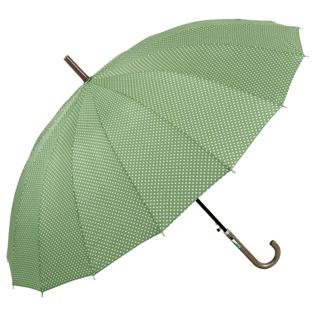 雨傘 レディース 長傘 おしゃれ 通販 16本骨 55cm ワンタッチ傘 ジャンプ傘 ジャンプ ワンタッチ 傘 強風に強い 強風対応 折れにくい グラスファイバー 親骨 婦人 ATTAIN アテイン 多骨傘 アンティークライン デザ ドットグリーン ・