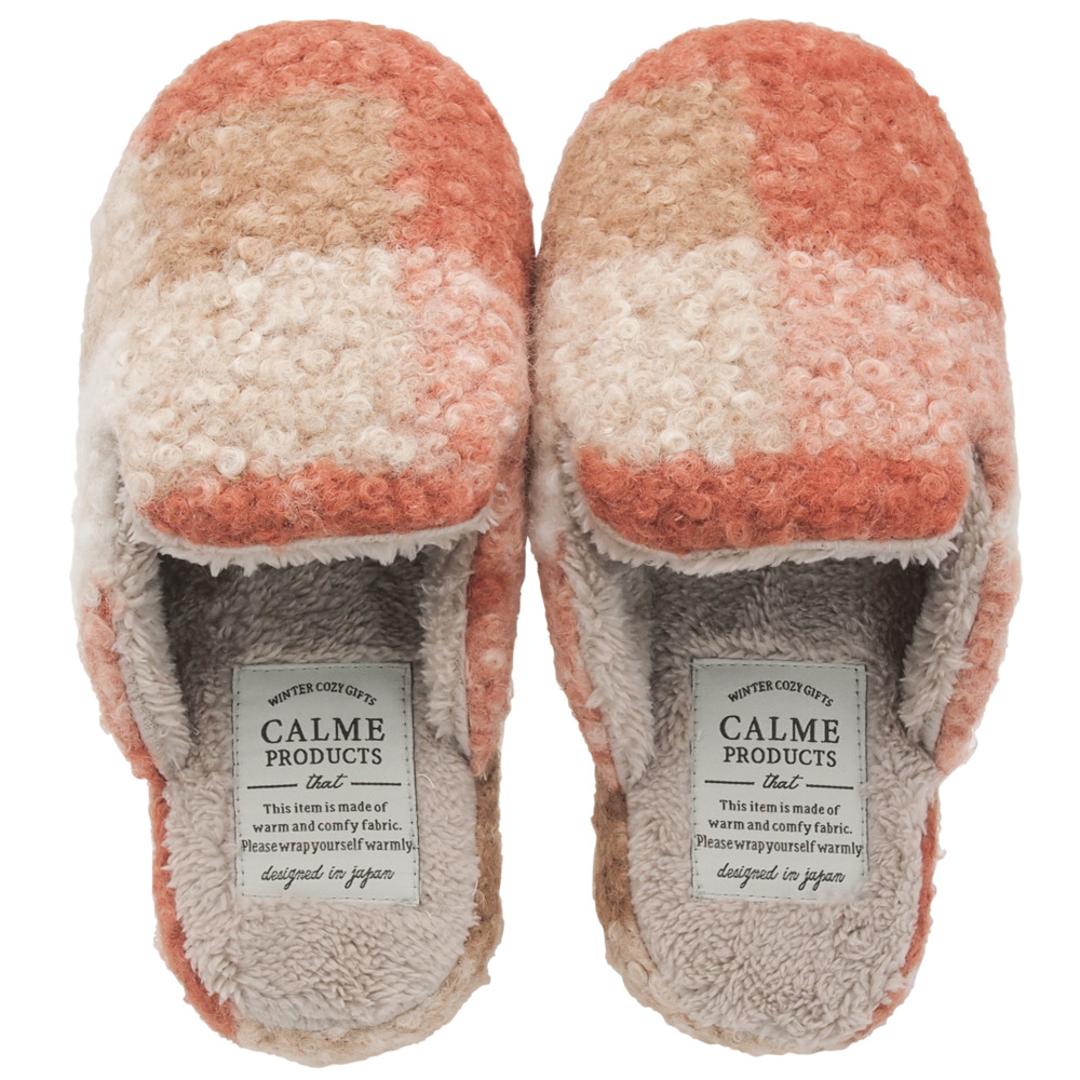 カルム スリッパ CALME 通販 ルームシューズ ルームスリッパ ルームサンダル 室内履き 部屋履き 室内スリッパ 前詰まりスリッパ プードルボアチェックスリッパ 室内用 来客用 冬 もこもこ レディース ボア ふわふわ おしゃれ チェック かわいい オレンジ ・
