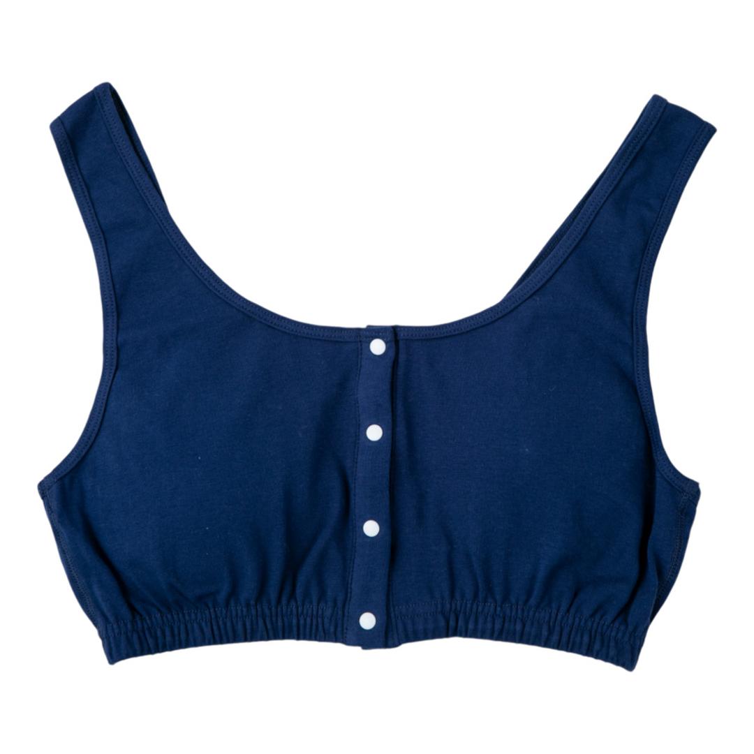 前あきブラ 前あきブラジャー ノンワイヤーブラ 通販 ナイトブラ 授乳ブラ 前あき ストレッチ 伸縮性 綿混 フロントボタン ノンワイヤー 脱着楽々 楽ちん 幅広 ストラップ 肌にやさしい 締め付けない パッド付き パッド 取り外し可能 ネイビー M-Lサイズ