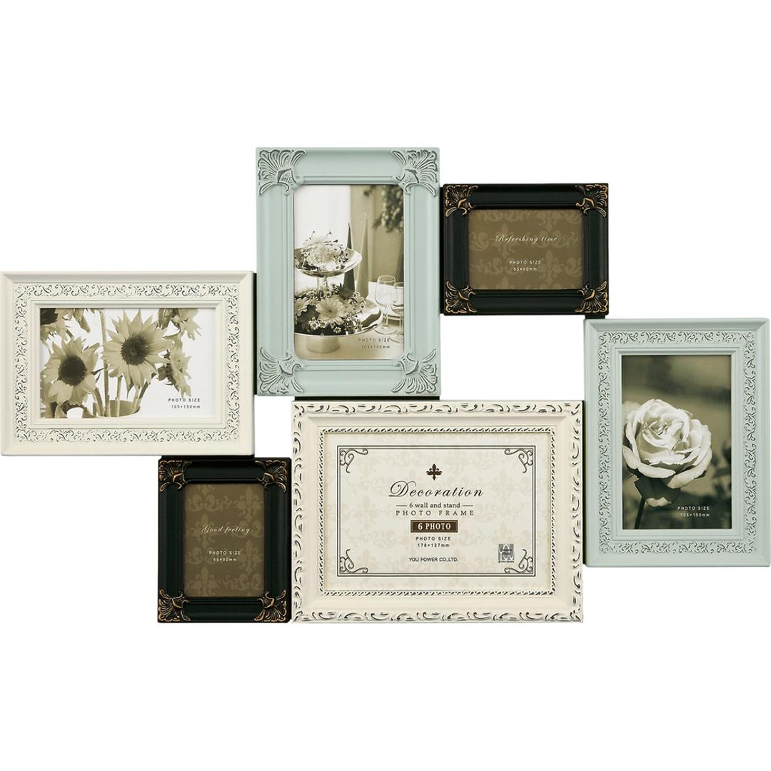フォトフレーム 壁掛け おしゃれ 通販 デコレーション 6 ウォール&スタンド フォトスタンド 写真立て フォト フレーム 写真 スタンド 6枚 6面 アンティーク調 卓上 立て掛け L判ハーフ ポストカード キャビネ 壁飾り 記念写真 アート インテリア バニラミックス ・