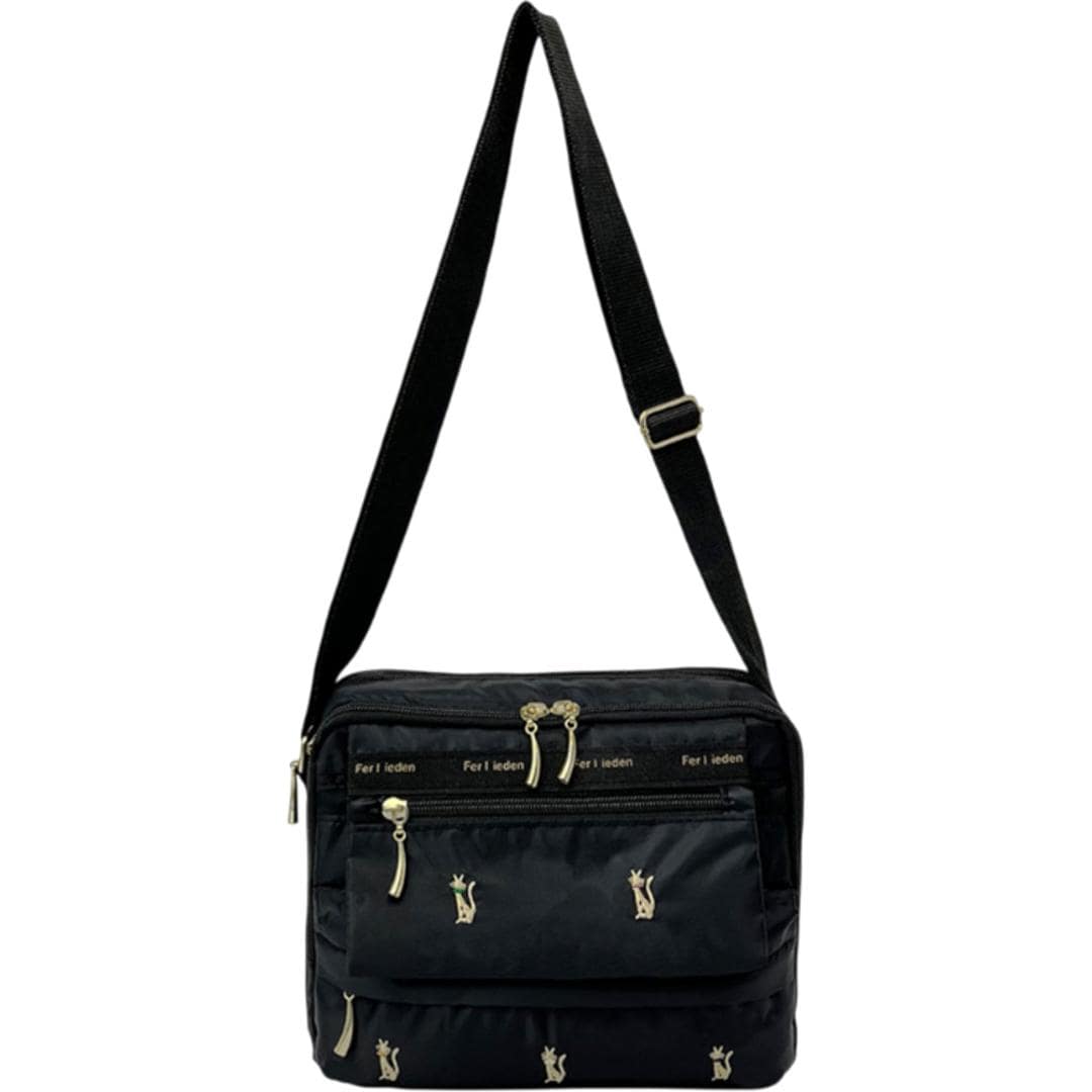 ショルダーバッグ レディース 軽量 通販 Ferlieden フェアリーデン 刺繍バッグ 斜め掛け 斜めがけ 軽い 小さめ 小さい 肩掛け 大人かわいい バッグ カバン 女性 シンプル 通勤 散歩 ウォーキング ギフト 猫.ブラック ・