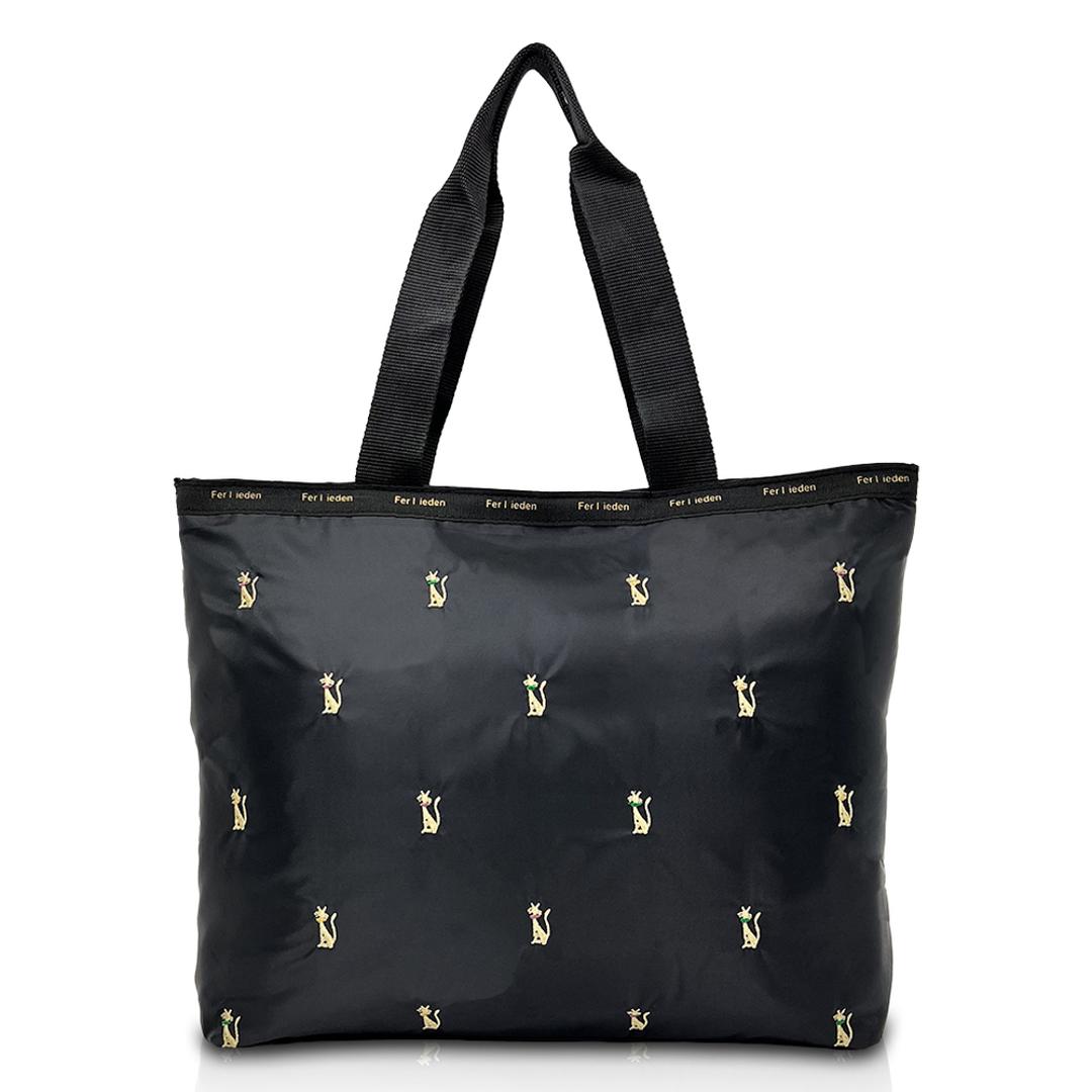 トートバッグ 軽量 通販 Ferlieden フェアリーデン 小花刺繍 大人かわいい コンパクト 肩掛け トート おしゃれ かわいい 女性 カジュアル フェミニン バッグ カバン シンプル 軽い 通勤 刺繍 猫.ブラック ・