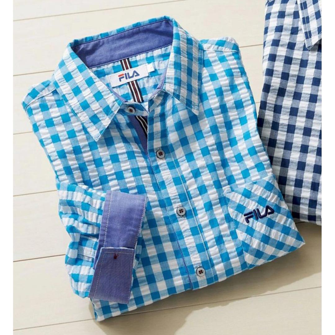 シャツ メンズ カジュアル 通販 ギンガムチェックシャツ 7分袖シャツ 7分袖 メンズシャツ カジュアルシャツ おしゃれ 軽量 ポケット 涼しい 動きやすい ラフ メンズファッション 大人 男性 通勤 オフィス FILA 敬老の日 ギフト プレゼント ブルー Sサイズ
