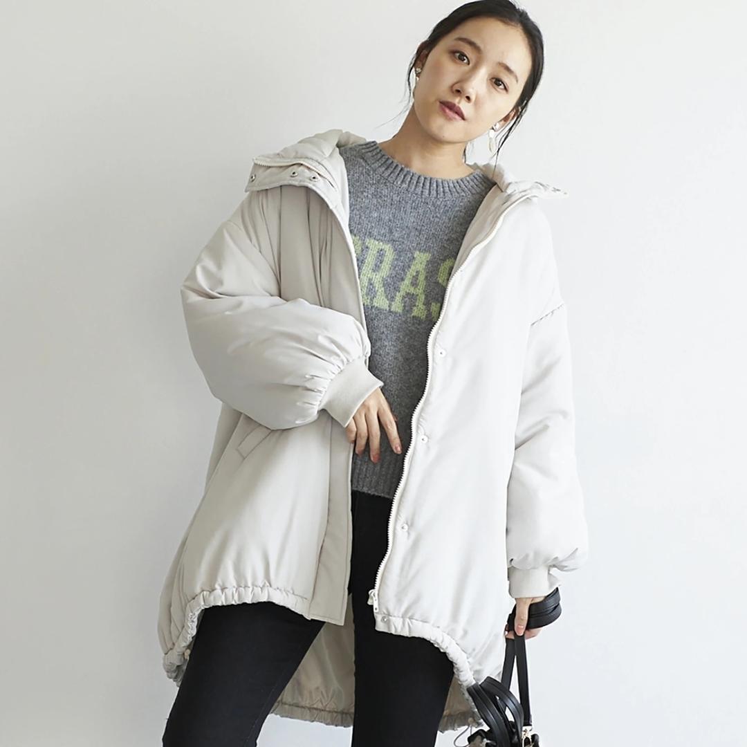 パーカーコート レディース 通販 パーカー コート ボリューム袖 アウター 中綿コート ミドル丈 ミディアム丈 ミドル丈中綿モンスターパーカー 秋 冬 秋冬 おしゃれ シンプル 女性 大人 かわいい カジュアル 通勤 通学 レディースファッション グレージュ Mサイズ