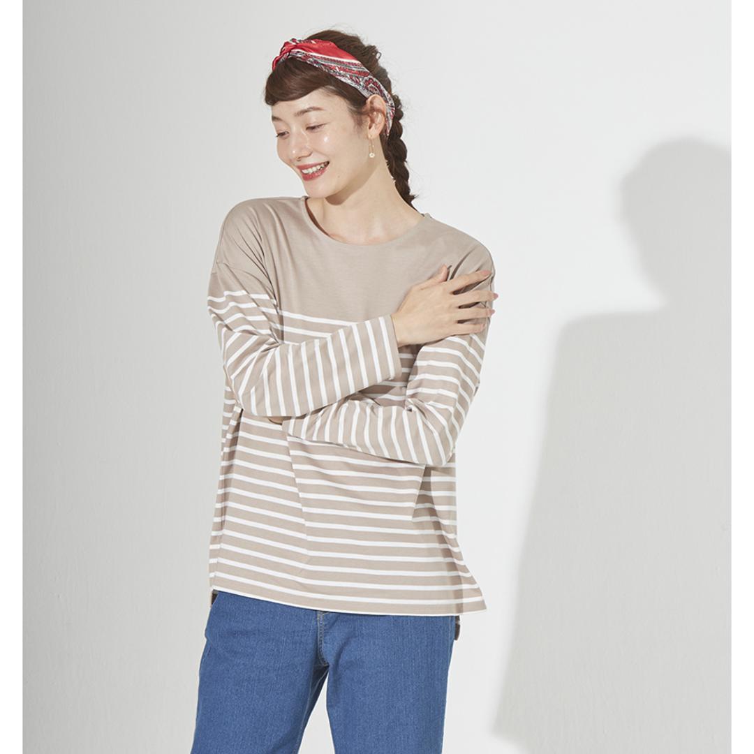 綿100 ロンT レディース 通販 Tシャツ カットソー プルオーバー 長袖 トップス 綿100%ボーダーロングT おしゃれ シンプル 大人 かわいい カジュアル ナチュラル 体型カバー 女性 ミセス 婦人 シニア レディースファッション ベージュ×ホワイト Mサイズ