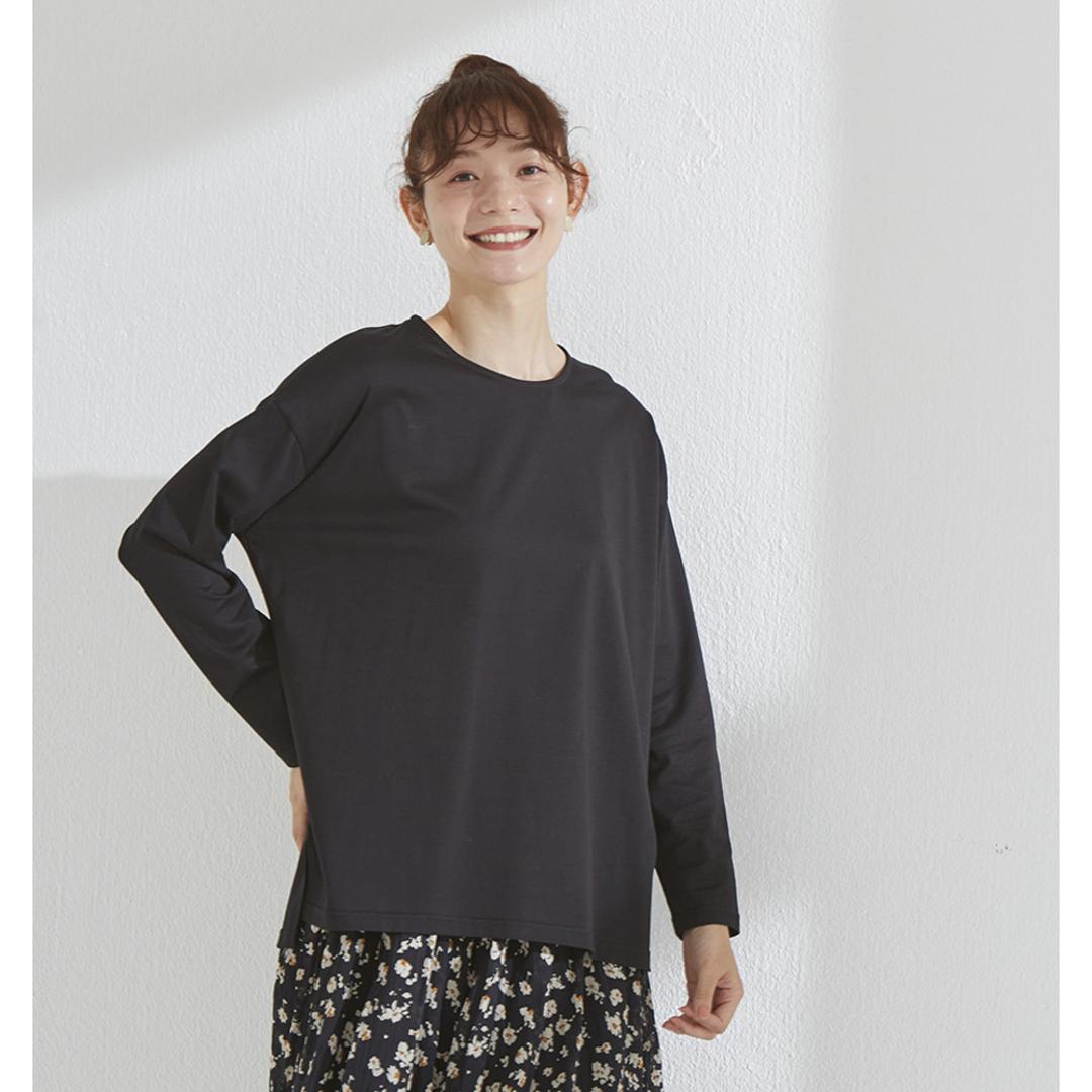 綿100 ロンT レディース 通販 Tシャツ カットソー プルオーバー 長袖 トップス 綿100%ボーダーロングT おしゃれ シンプル 大人 かわいい カジュアル ナチュラル 体型カバー 女性 ミセス 婦人 シニア レディースファッション ブラック Mサイズ