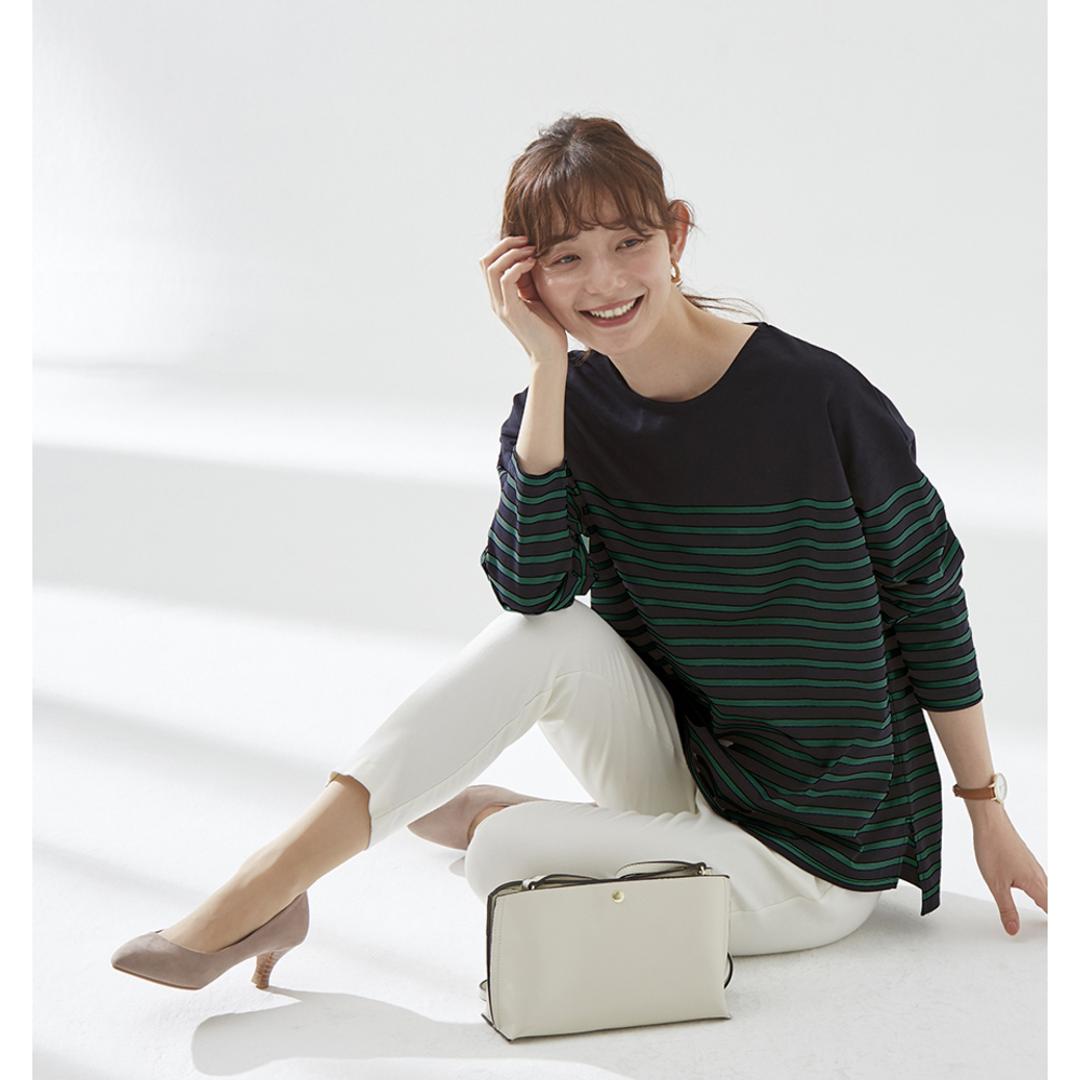 綿100 ロンT レディース 通販 Tシャツ カットソー プルオーバー 長袖 トップス 綿100%ボーダーロングT おしゃれ シンプル 大人 かわいい カジュアル ナチュラル 体型カバー 女性 ミセス 婦人 シニア レディースファッション ネイビー×グリーン Mサイズ