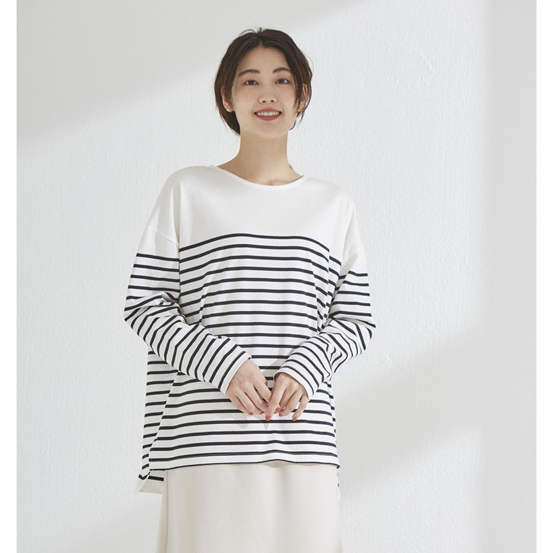 綿100 ロンT レディース 通販 Tシャツ カットソー プルオーバー 長袖 トップス 綿100%ボーダーロングT おしゃれ シンプル 大人 かわいい カジュアル ナチュラル 体型カバー 女性 ミセス 婦人 シニア レディースファッション ホワイト×ブラック Mサイズ