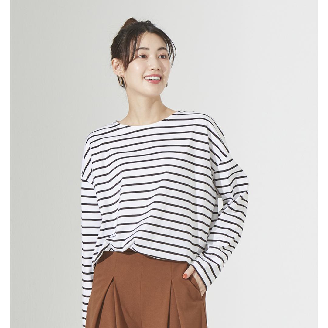 綿100 ロンT レディース 通販 Tシャツ カットソー プルオーバー 長袖 トップス 綿100%ボーダーロングT おしゃれ シンプル 大人 かわいい カジュアル ナチュラル 体型カバー 女性 ミセス 婦人 シニア レディースファッション ホワイト×ブラック2 Mサイズ
