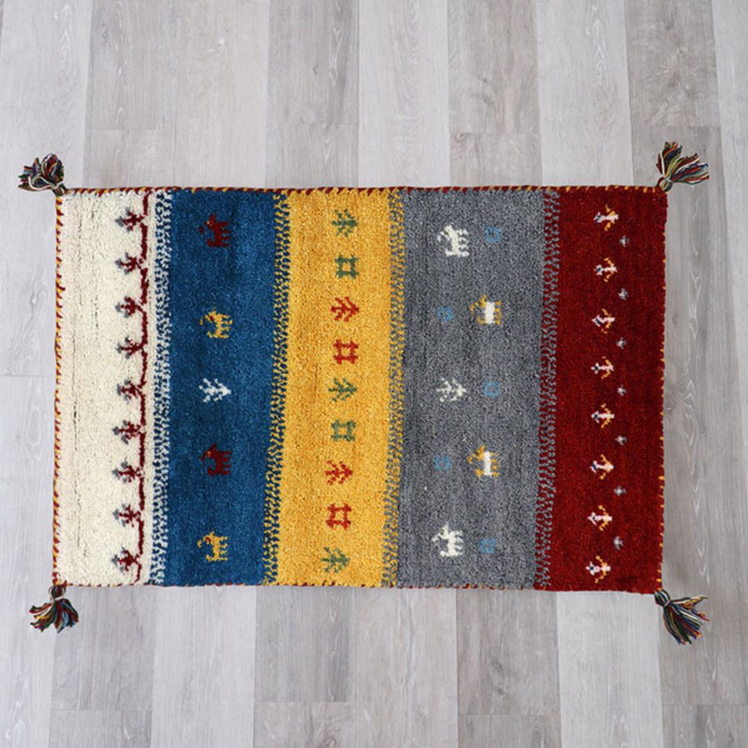 ギャッベ 玄関マット 通販 60x90 手織り ギャッベ ハンドノット 60 90 室内 おしゃれ マット アクセントマット エントランスマット 黄色 イエロー グリーン 緑 カラフル 柄 インテリア 生活雑貨 ACC60.マルチ ・