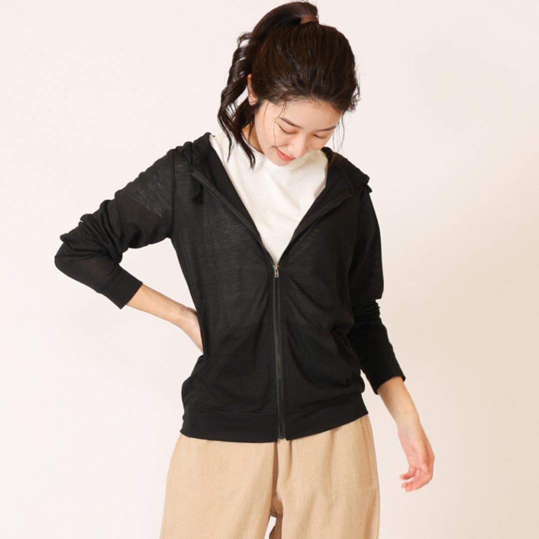 パーカー レディース 薄手 通販 レディースパーカー アウター フードあり UVパーカー 長袖 ジップアップ 無地 シンプル ナチュラル おしゃれ トップス 女性 大人 快適 アウトドア キャンプ スポーツ PAGE ONE ページワン 贈り物 07.ブラック Mサイズ