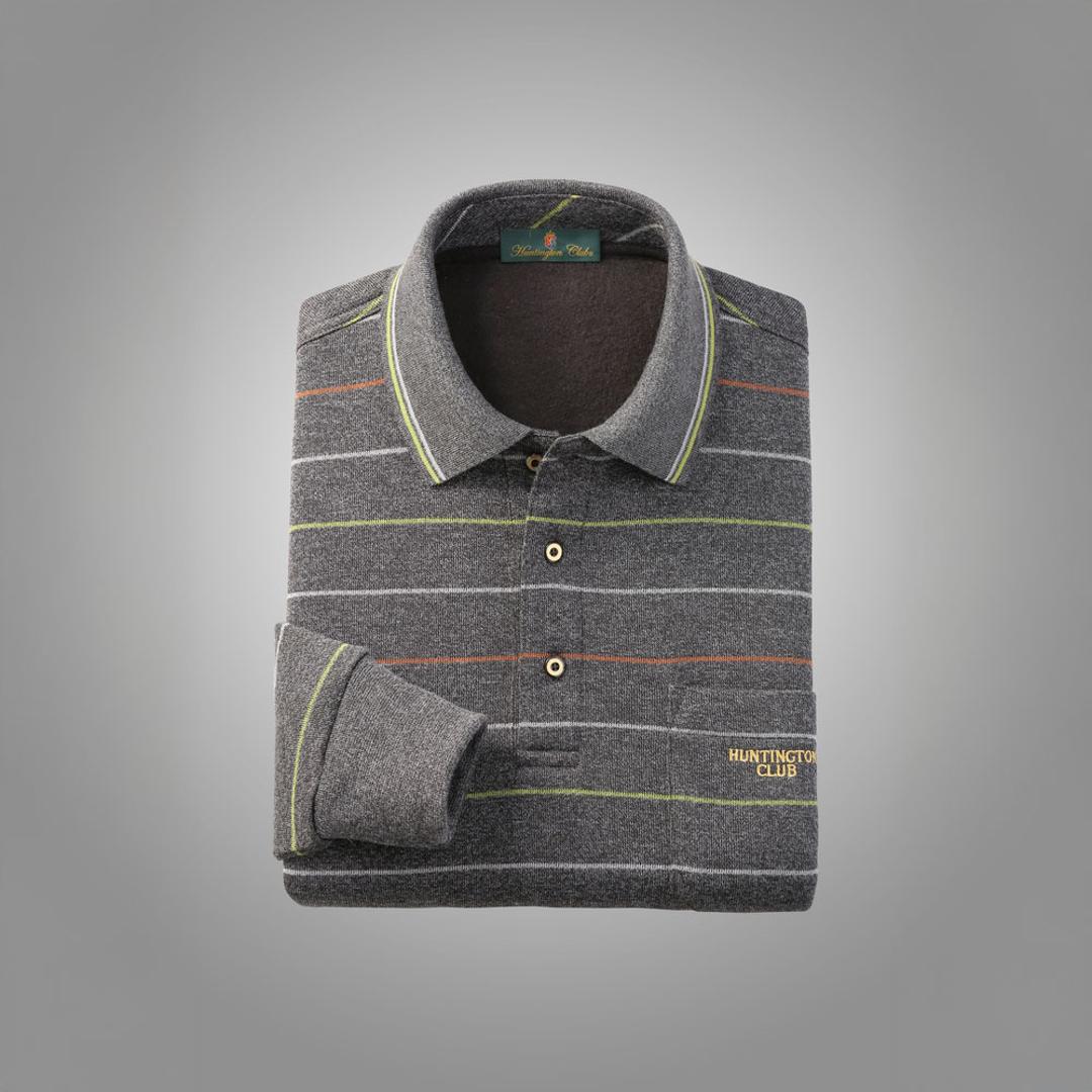 ポロシャツ 長袖 メンズ 通販 シャツ メンズシャツ トップス おしゃれ 長袖シャツ カジュアルシャツ カジュアル 長袖ポロシャツ ボーダーポロシャツ ボーダー HUNTINGTON CLUB ハンティントンクラブ 胸ポケット付き シニア 紳士 オシャレ ボーダー柄/チャコール Mサイズ