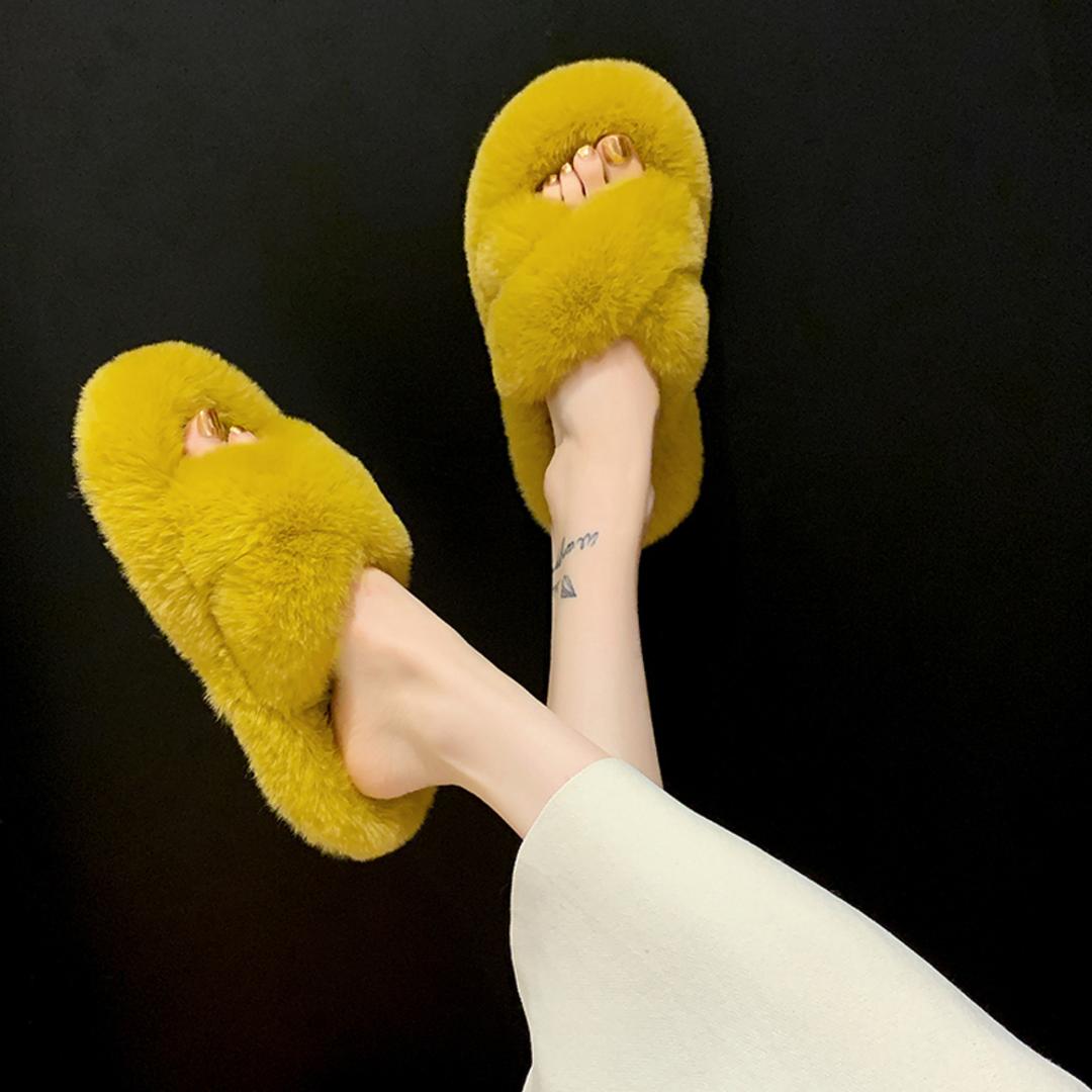 スリッパ おしゃれ 冬用 通販 ルームシューズ 冬 フェイク ファー レディース もこもこ あったか 大人 可愛い 暖かい かわいい 女の子 前開き 前あき 室内履き オシャレ 雑貨 インテリア イエロー 22.5CM(35)