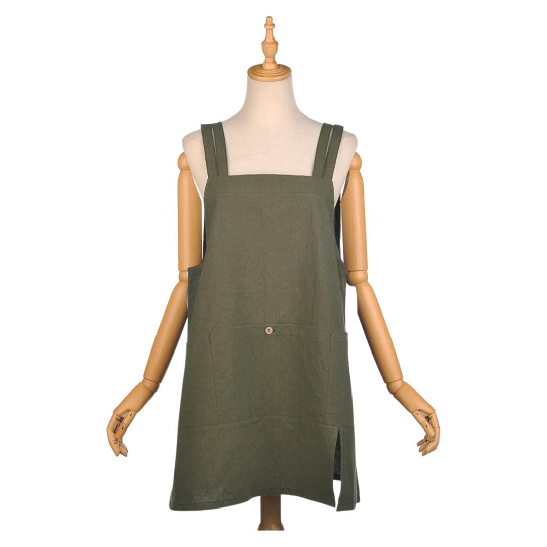 エプロン おしゃれ 通販 釦あきエプロン レディース女性 着脱が簡単 後ろボタン コットン 綿 キッチンファブリック かわいい シンプル 無地 キッチン雑貨 家事 料理 母の日 保育士 介護士 KUSUGURU-JP クスグルジャパン ギフト 贈り物 カーキ ・