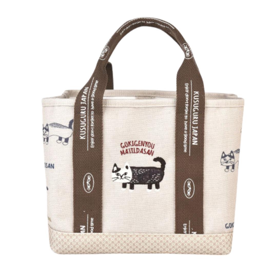 トートバッグ 仕切りあり 通販 仕切りトートバッグ ふた付 Sサイズ 厚手キャンパス 手提げバッグ ネコ 猫 ドリンクポケット かわいい 通勤 通学 シンプル カジュアル ママバッグ KUSUGURU-JP クスグルジャパン ギフト 贈り物 マチルダさん.ベージュ ・