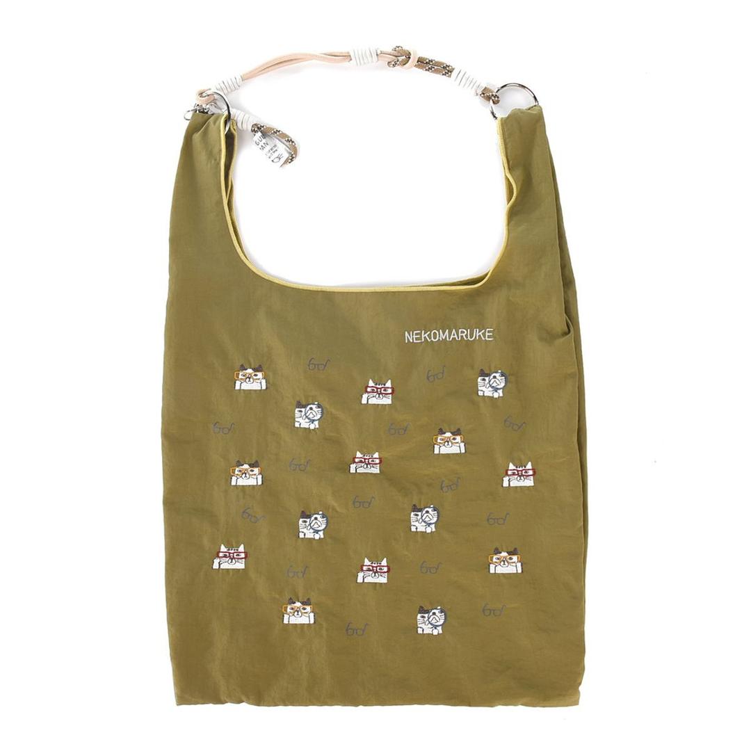 クスグルジャパン バッグ 通販 サブバッグ ナイロン エコバッグ エコバック ショッピングバッグ レジ袋 ハンドルロープ付き コンパクト 軽量 丈夫 マチ広 レディース メンズ ギフト 贈り物 おしゃれ かわいい ネコまるけ柄/カーキ ・