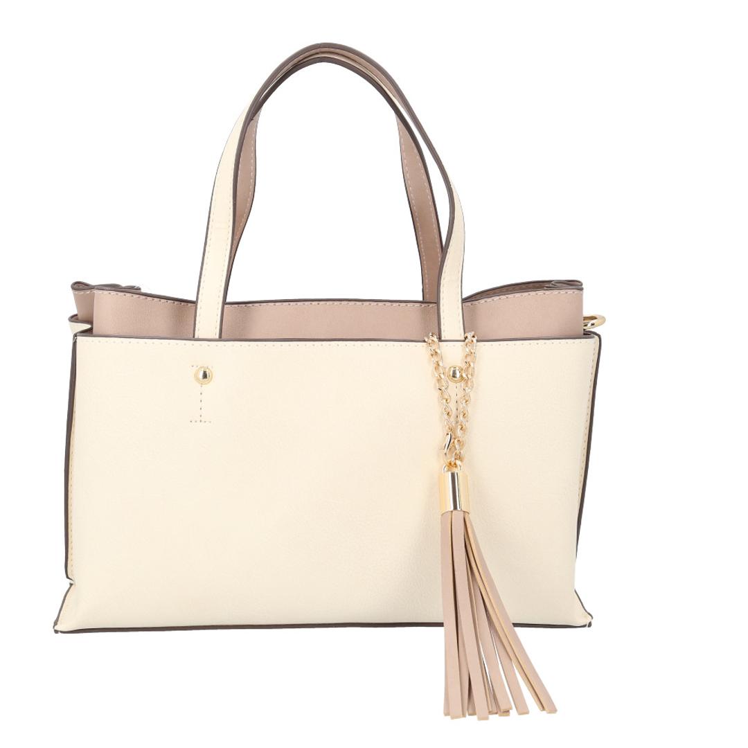 トートバッグ レディース 通販 ショルダーバッグ 2WAY 手提げバッグ バイカラーバッグ ツートンバッグ 斜めがけバッグ 肩掛け タッセルチャーム 長さ調節可能 バッグ かばん おしゃれ かわいい コンパクト シンプル 通勤 通学 お出掛け ギフト 贈り物 アイボリー ・