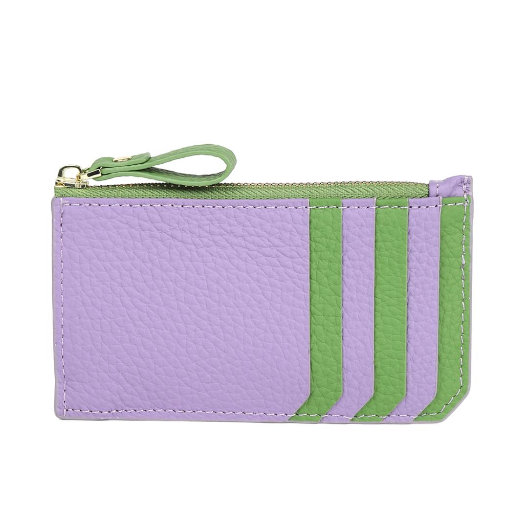 Melody メロディー カードケース レザー 12814 通販 カード入れ コイン入れ 小銭入れ コインケース お財布 財布 さいふ サイフ 牛革 ファスナーポケット カード ポケット 薄い シンプル 無地 ベーシック 男女兼用レディース メンズ ラベンダー×ライトグリーン ・