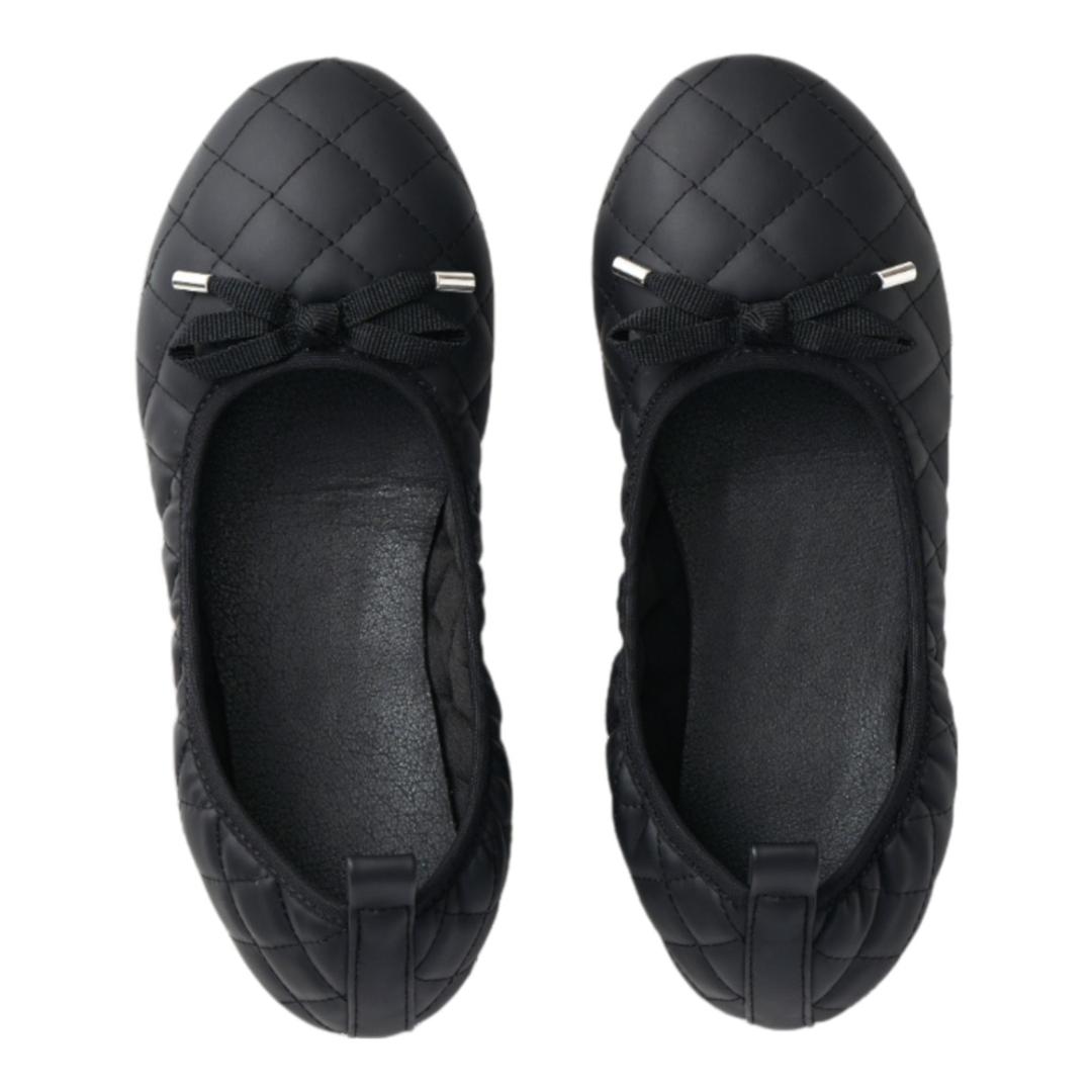 携帯 パンプス レディース 通販 携帯用スリッパ 携帯パンプス 携帯スリッパ スリッパ 外履き 内履き ルームシューズ 婦人靴 袋付き 収納袋付き 女性用 バレエシューズ型 コンパクト 便利 オフィス かわいい 可愛い おしゃれ オシャレ キルトリボン.ブラック ・