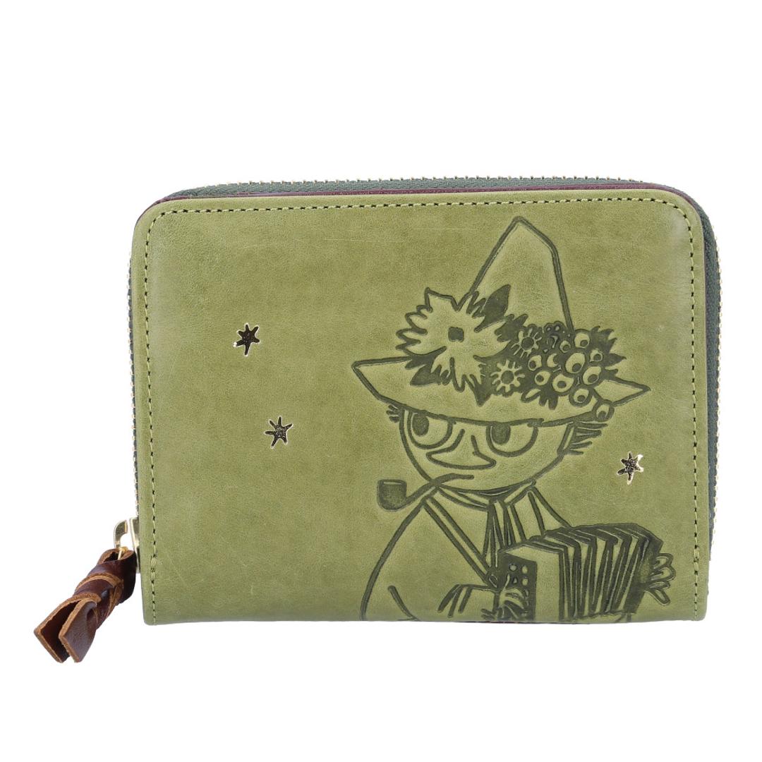 MOOMIN ムーミン 二つ折り財布 通販 折り財布 折りたたみ財布 2つ折り財布 財布 お財布 サイフ レザー 型押し 本革 革 ジャバラ仕様 見やすい 出し入れしやすい 大人 かわいい 可愛い 男女兼用 ユニセックス ギフト 贈り物 スナフキン/グリーン ・