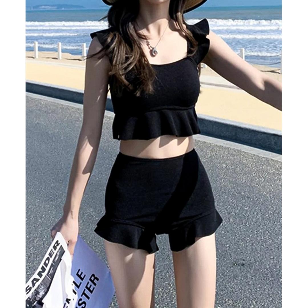 水着 レディース セパレート 通販 ダイヤモンドハーツ swm-0010 Diamond Hearts タンキニ ビキニ ツーピース スイムウェア ショートパンツ 20代 30代 おしゃれ かわいい ママ水着 フリル シンプル 大人 可愛い 無地 女性用 ブラック Mサイズ