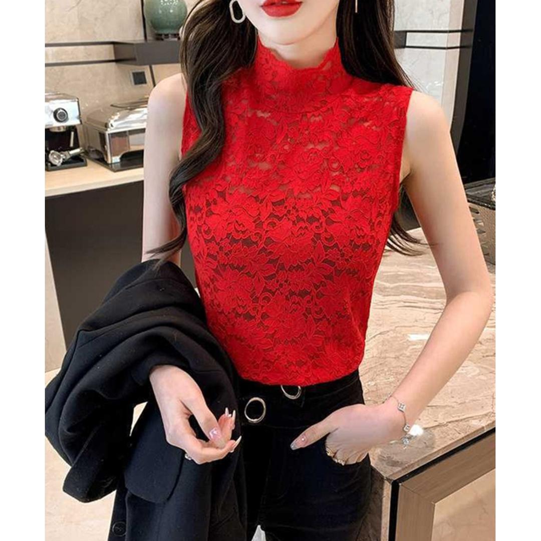 ハイネック レース タンクトップ 通販 ノースリーブ 透け感 トップス ハイネックレースインナー 袖なし 総レース レディース 大人 かわいい きれいめ 上品 セクシー おしゃれ シンプル 女性 top-076 ダイヤモンドハーツ Diamond Hearts レッド Mサイズ