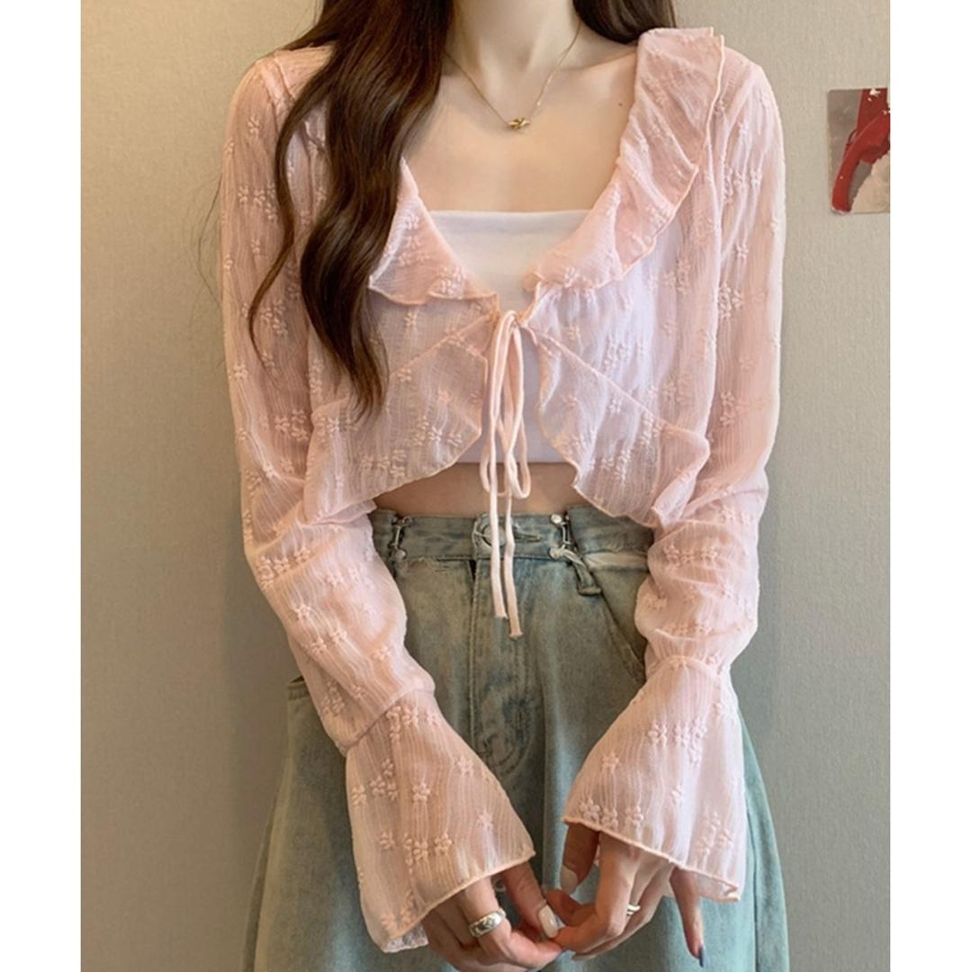 カーディガン レディース ショート丈 通販 シアーカーディガン ボレロ ショートカーディガン カーデガン 羽織もの はおりもの 薄手 長袖 小花柄 フリル トップス 大人 かわいい おしゃれ 女性 top-111 ダイヤモンドハーツ Diamond Hearts ピンク ・