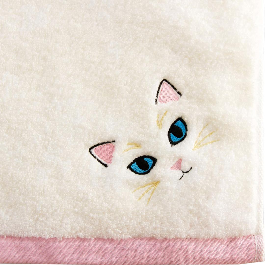 今治フェイスタオル 通販 ロングフェイスタオル ミニバスタオル 猫グッズ かわいい猫柄タオル ギフト 綿100パーセント日本製 吸水性抜群高級感 ワンポイント刺繍 プチギフト レディース向け雑貨 茶トラ黒猫デザイン かわいい 刺繍 内祝い ギフト 白猫/ホワイト ・