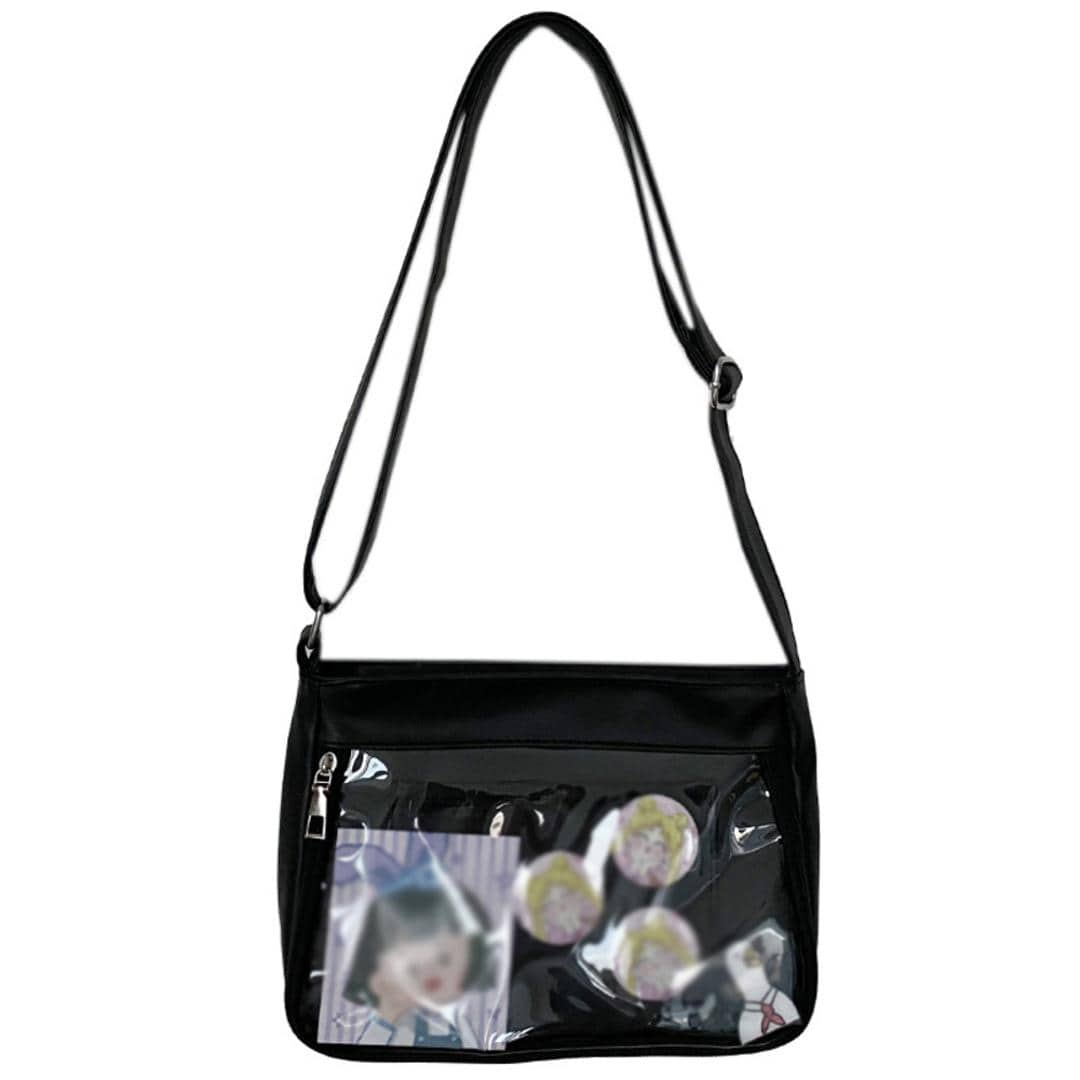 痛バッグ ショルダーバッグ 通販 デコバッグ バック 鞄 かばん デコバ 痛バ 肩掛け 斜め掛け 透明ポケット 推し活 オタ活 イベント ぬいぐるみ 缶バッジ 学生 通学 軽量 PU クリアバッグ トートバッグ メッセンジャーバッグ おしゃれ ブラック ・