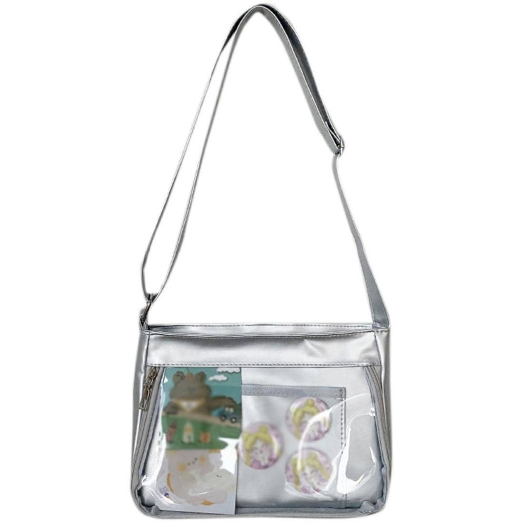 痛バッグ ショルダーバッグ 通販 デコバッグ バック 鞄 かばん デコバ 痛バ 肩掛け 斜め掛け 透明ポケット 推し活 オタ活 イベント ぬいぐるみ 缶バッジ 学生 通学 軽量 PU クリアバッグ トートバッグ メッセンジャーバッグ おしゃれ グレー ・
