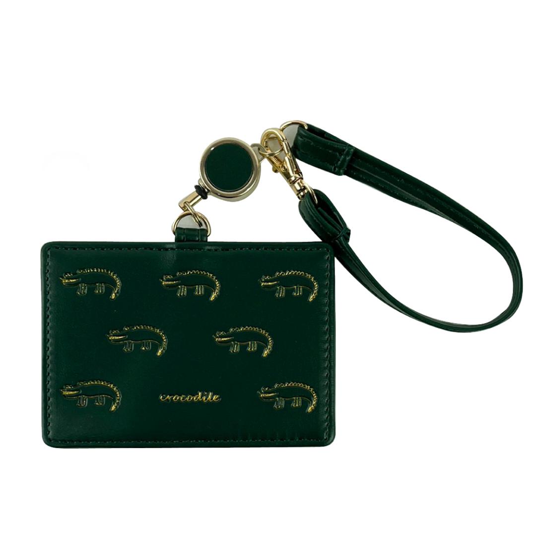 パスケース リール付き 通販 リールパスケース 定期入れ リール ストラップ付き 定期券入れ レディース ICカード 通勤 通学 大人 ICカード ケース カードケース IDケース かわいい 女子 学生 おしゃれ 可愛い わに箔押し/GREEN ・