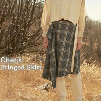 MIND フリンジチェックスカート 通販 日本製 スカート チェックスカート フリンジスカート 台形スカート ひざ丈スカート レディース チェック ひざ丈 膝丈 ひざ下 アシンメトリー ブランド マインド 122S008 ボトムス レディースファッション