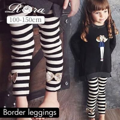 Rora 女の子 キッズ レギンス かわいい 通販 スパッツ 10003021 パンツ 秋 冬 10分丈 十分丈 しましま 白黒 リボン ボーダー こども 小学生 女子 おしゃれ 可愛い オシャレ ボトムス レッグウェア 子ども服 子供服 キッズファッション