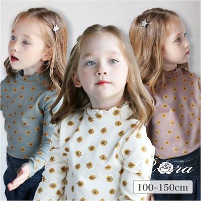 Rora 女の子 キッズ 長袖 Tシャツ 通販 ロンT 63042302 長袖Tシャツ カットソー リブ編み ハイネック 花柄 ひまわり おしゃれ かわいい オシャレ 可愛い 秋 冬 春 秋冬 こども 女子 小学生 トップス 子ども服 子供服 キッズファッション