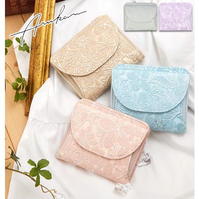 二つ折り財布 クレア Arukan アルカン 通販 レディース 財布 二つ折り 札入れ 本革 牛革 小銭入れあり BOX型小銭入れ ボックス型 折財布 カードポケット 四方口 ギャルソンタイプ スリムタイプ 薄型 イタリアレザー 型押し フラワー柄 パールフラワー