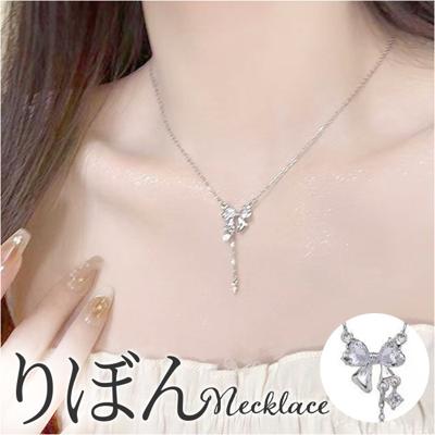 ネックレス レディース シンプル 通販 ペンダント ジュエリー レディースアクセサリー リボン ストーン 大人 かわいい おしゃれ 可愛い オシャレ 大人っぽい シルバー リボンストーン チャーム nec-034 ダイヤモンドハーツ Diamond Hearts