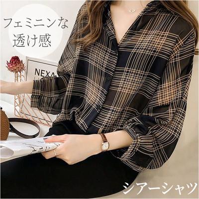 シアーシャツ チェック 通販 シアーブラウス シアー ブラウス 長袖シャツ レディース トップス シースルーシャツ シャツ チェック柄 薄手 透け感 羽織り 春夏秋 冷房対策 カジュアル オシャレ かわいい 可愛い おしゃれ レディースファッション