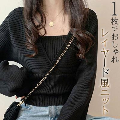ニット レディース 長袖 通販 ショート丈 レディースニットセーター 長袖ニット レイヤード風ニット トップス プルオーバー カシュクール 秋冬 可愛い かわいい オシャレ おしゃれ 長そで 女性 学生 通勤 通学 ニットウェア レディースファッション