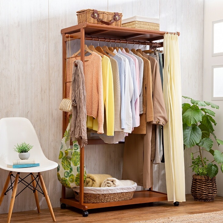 入荷予定12月末 天然木カーテン付きシングルハンガー 110cm幅 ハンガーラック