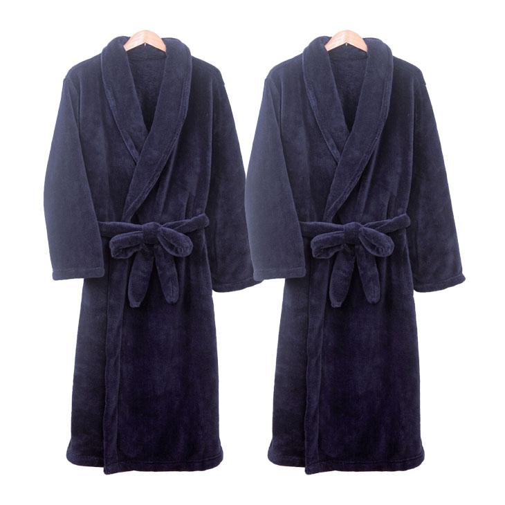 スーパーソフトマイクロファイバーガウン 2枚セット ガウン 暖か 伸縮 マイクロファイバー ソフトフリース ポケット付き レディース メンズ ルームウェア 紳士用:ネイビー