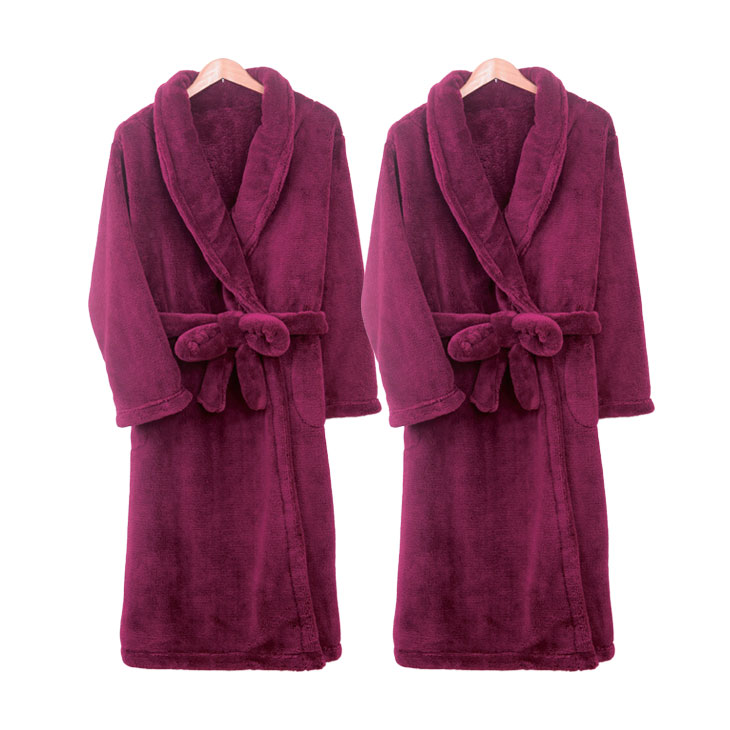 スーパーソフトマイクロファイバーガウン 2枚セット ガウン 暖か 伸縮 マイクロファイバー ソフトフリース ポケット付き レディース メンズ ルームウェア 婦人用:ワイン